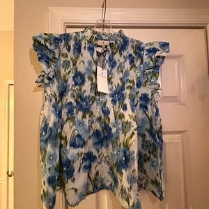 Tuckernuck Blue and White Ruffled Mandarin Collar Blouse